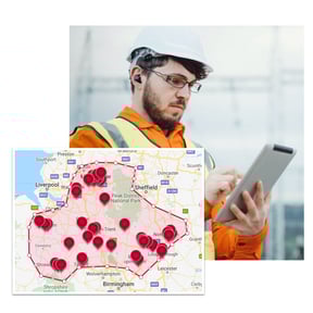 construction worker on background and google maps stakeholder mapping screenshot